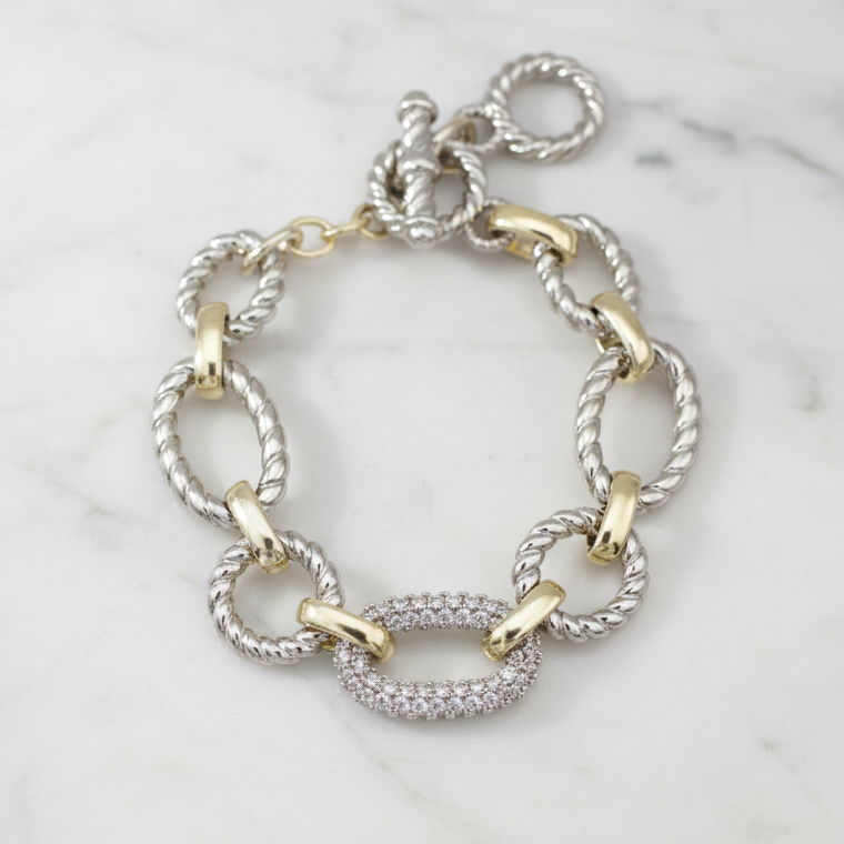 Two Tone Cable Links Oval CZ Bracelet