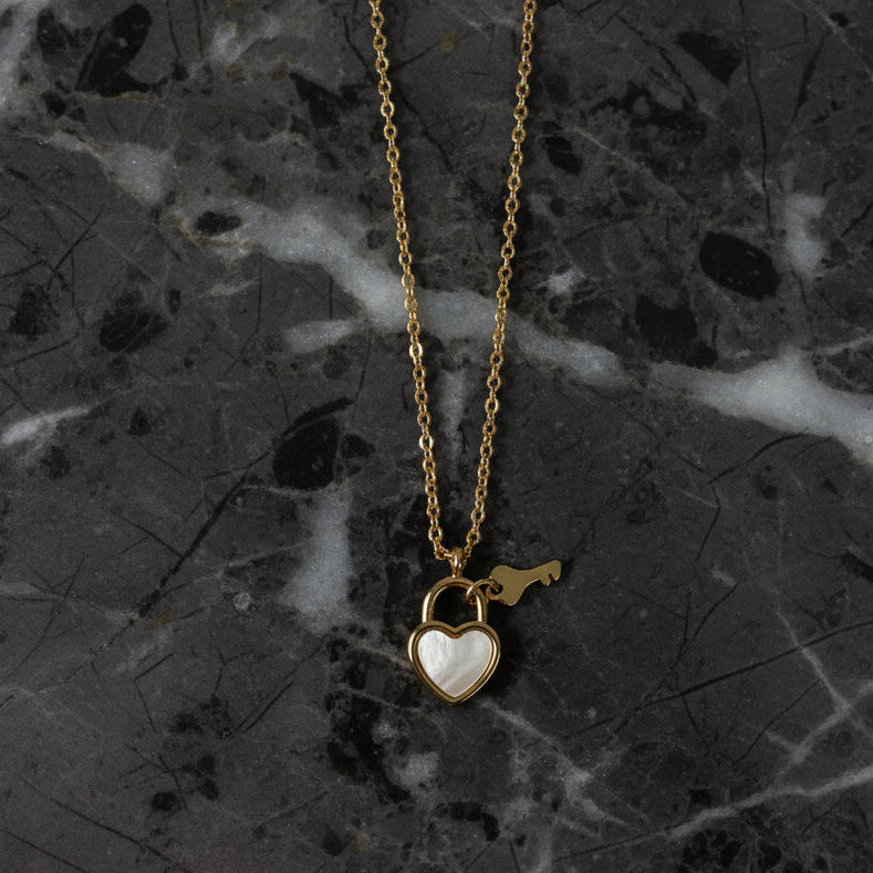 Tiny Gold MOP Heart & Key Necklace