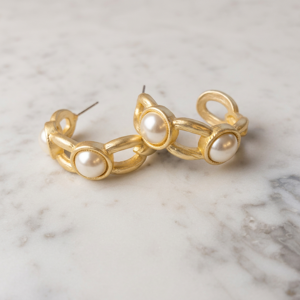 Matte gold 2-stone hoop earring from MX, featuring a stylish and modern design with two sparkling stones on a gold hoop.