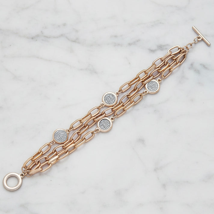 3-Row Gold Paperclip Cross Coin Bracelet