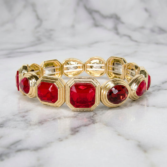 Rough Sketch Ooh & Aah multi-shape stretch bracelet in red, featuring an artistic geometric design