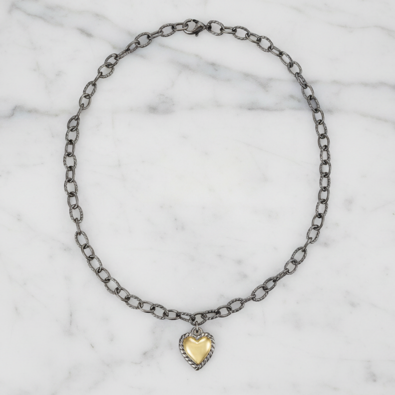 Hematite & Gold Heart Charm Necklace - 18"