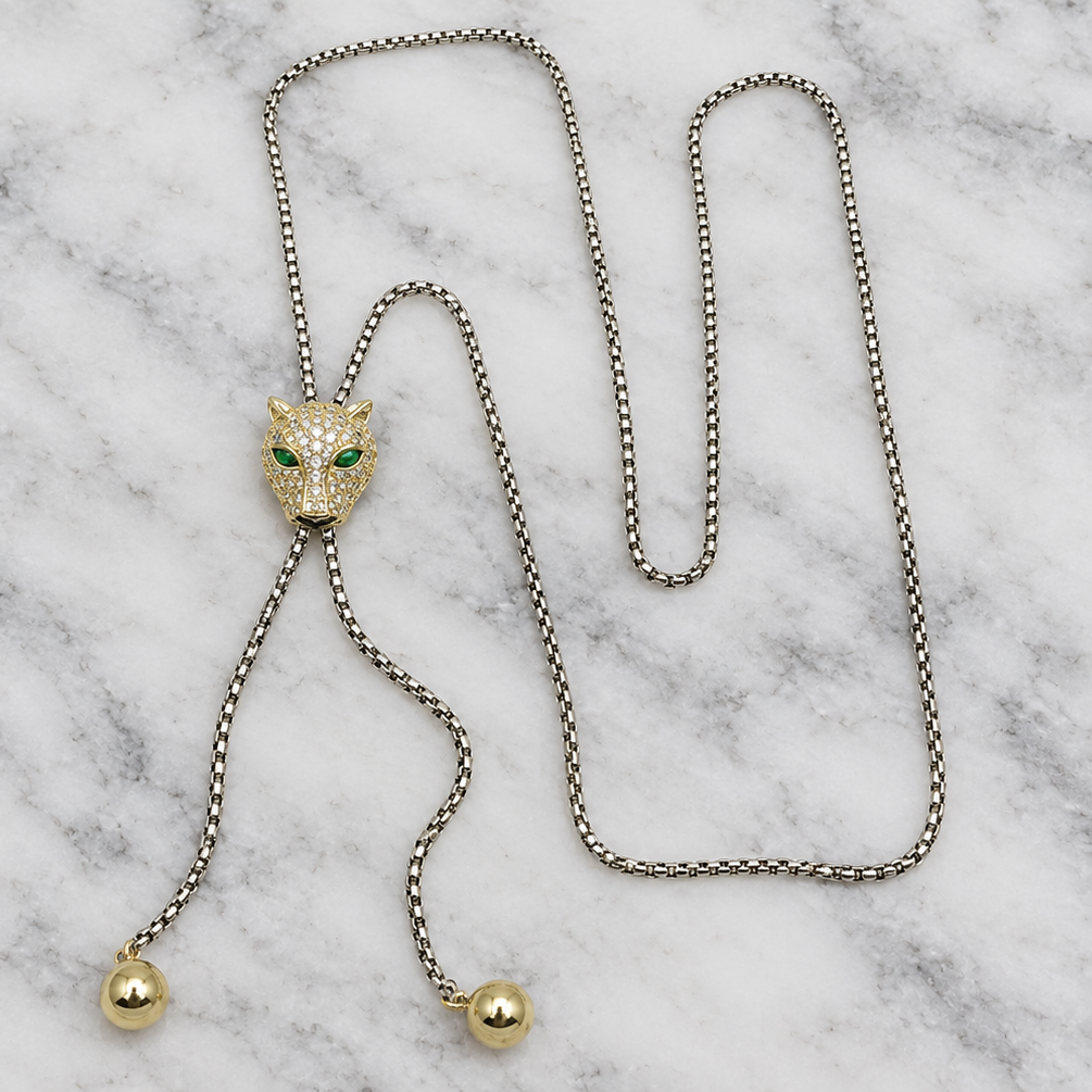 Two Tone Pave Panther Lariat Necklace