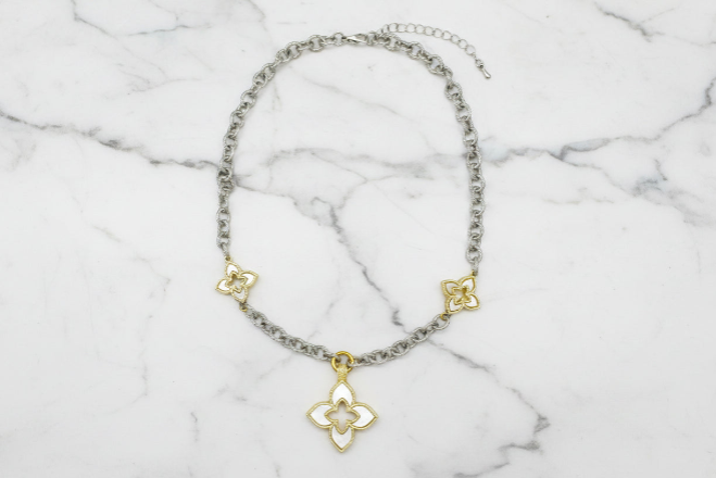 Two Tone 3-Pave Clover Necklace - 16"
