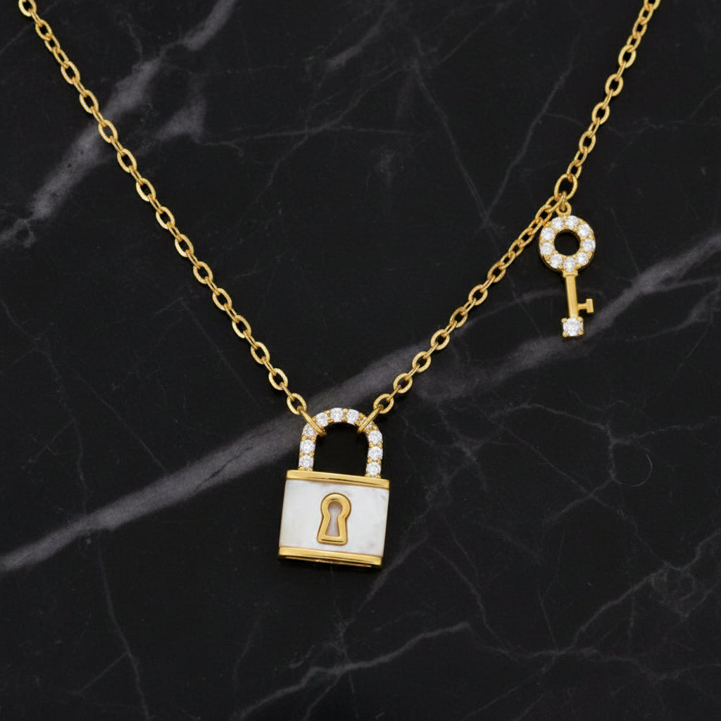 Tiny Gold Necklace w/ MOP Lock