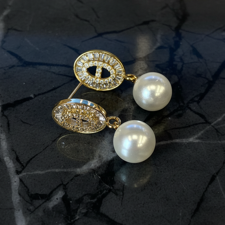 Theta CZ Earring w/ Pearl Dangle
