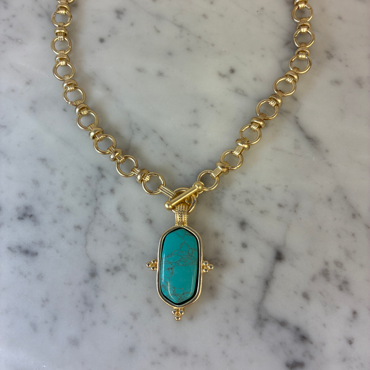 Matte Gold Omega Link Necklace w/ Turquoise Hexagon