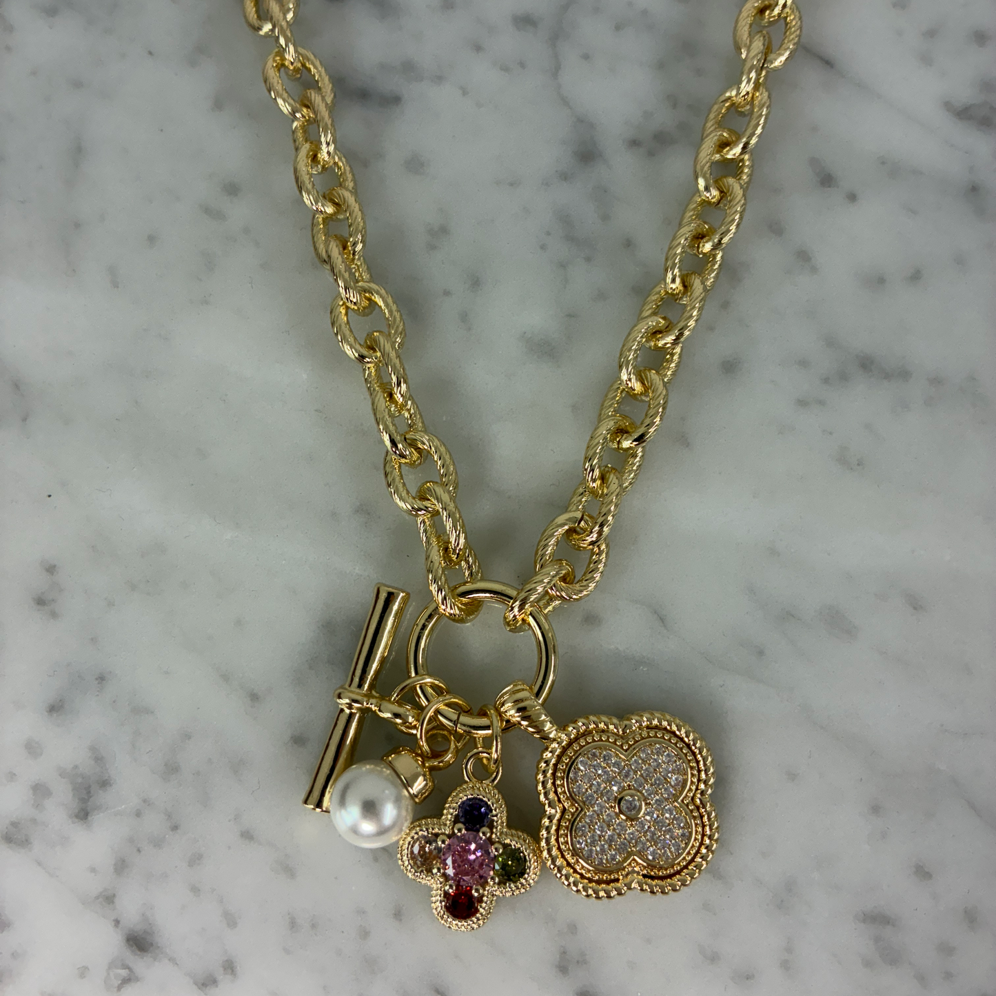 Gold CZ Pearl Charm Necklace
