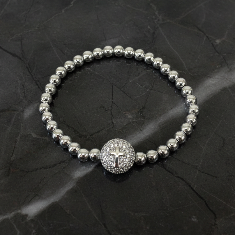 Stretch Bead Bracelet w/ Pave Cross