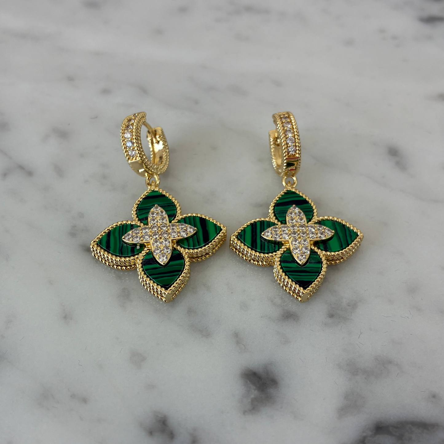 Malachite CZ Flower Dangle Earring