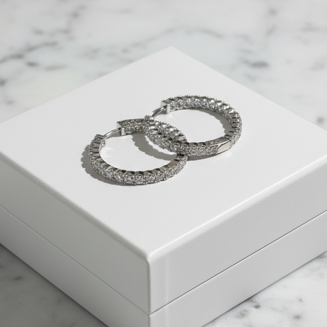 Silver CZ inside-out hoop earrings by Joseph Anthony Inc., showcasing shiny silver hoops with sparkling cubic zirconia accents.