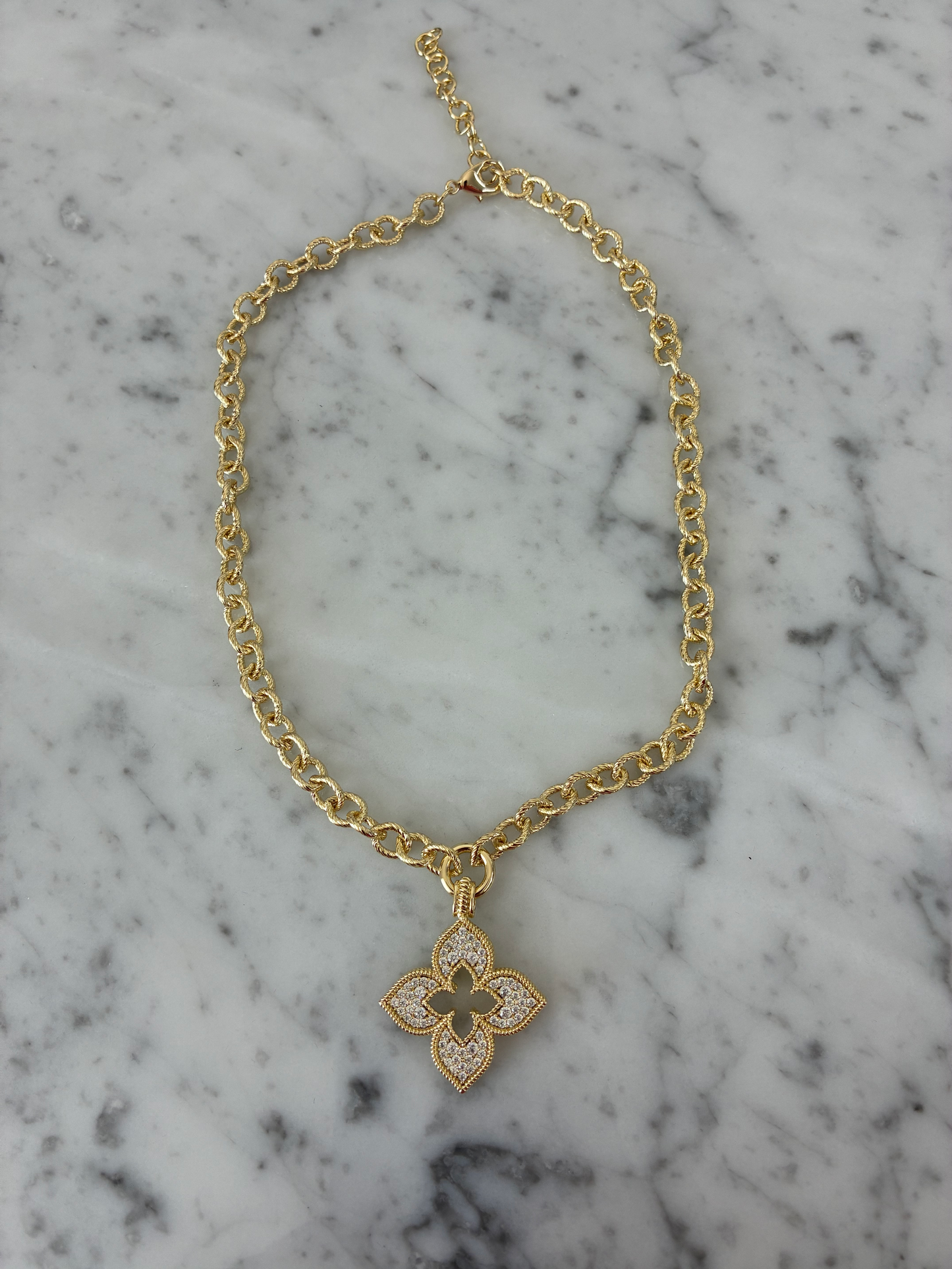 Gold CZ Flower Necklace - 17"
