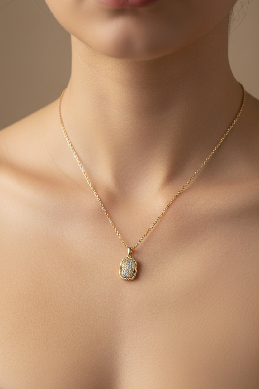 Cable Pave Rectangle Necklace - 16"