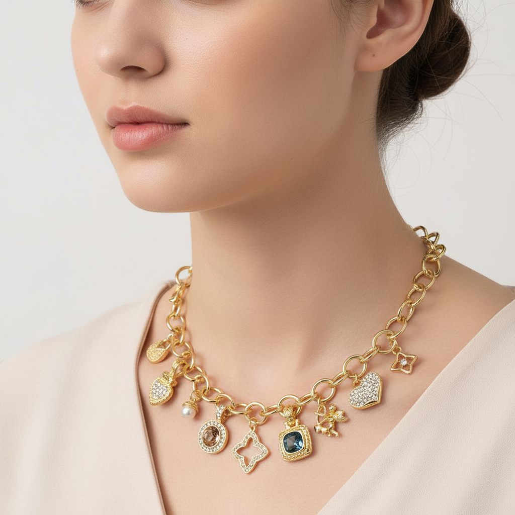 Charm Necklace w/ Color Stones Necklace - 18"
