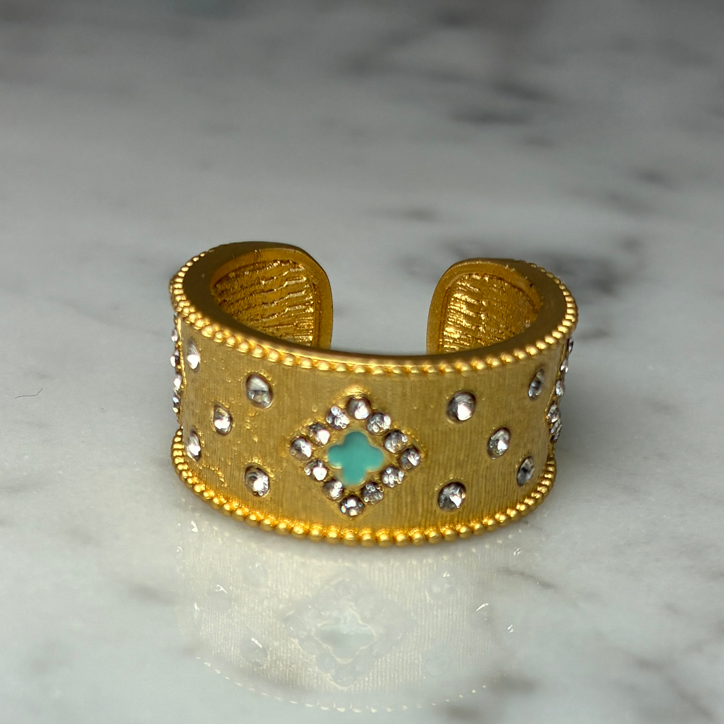 Adjustable Brushed Gold Ring w/ Clovers
