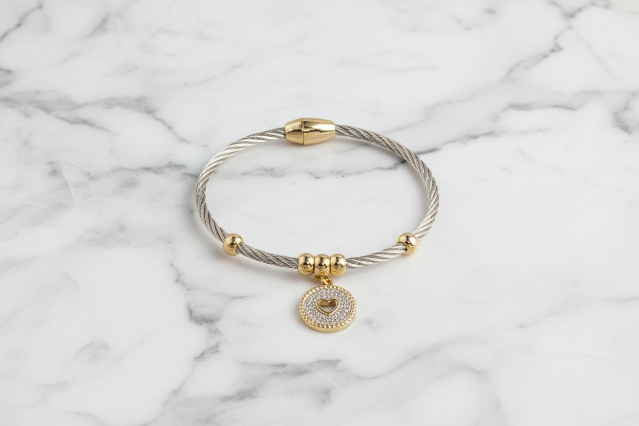 Two Tone Cable Bracelet w/ Pave Charm