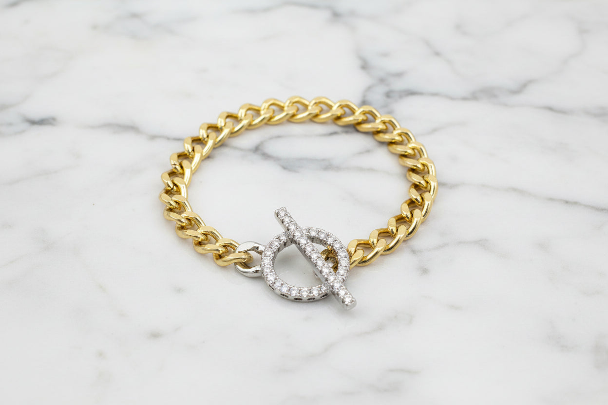 Gold Chain Bracelet w/ CZ Toggle Clasp