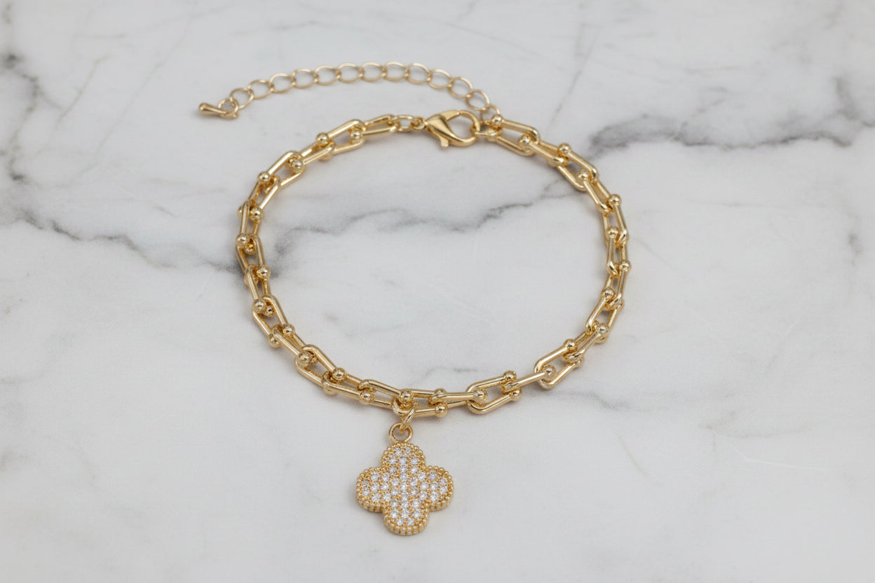 Gold Link Bracelet w/ CZ Clover