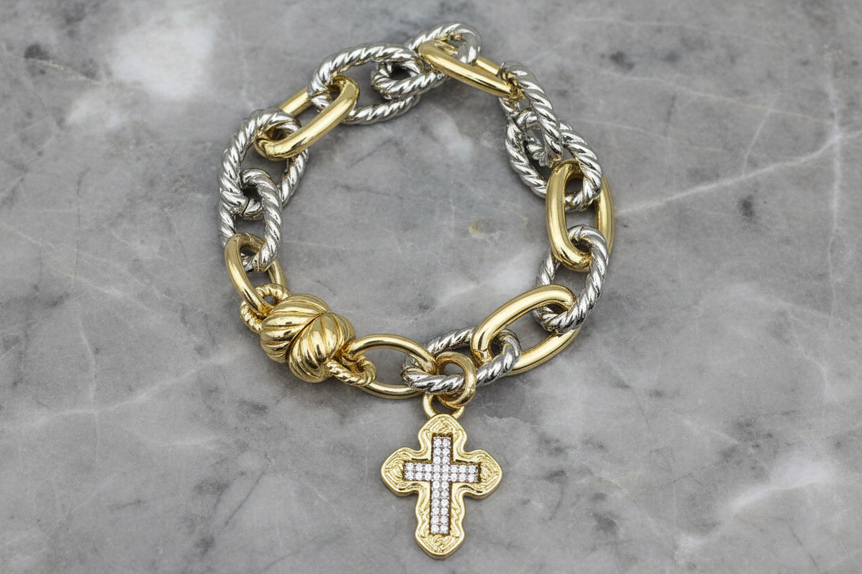 Two Tone Link Bracelet w/ Cross