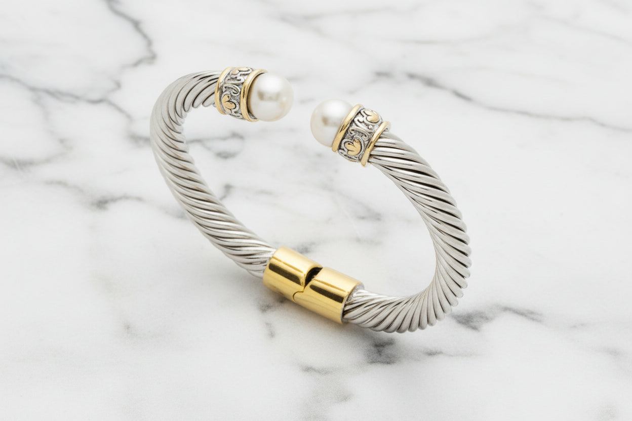 Two Tone Hinged Bracelet w/ Stone Ends