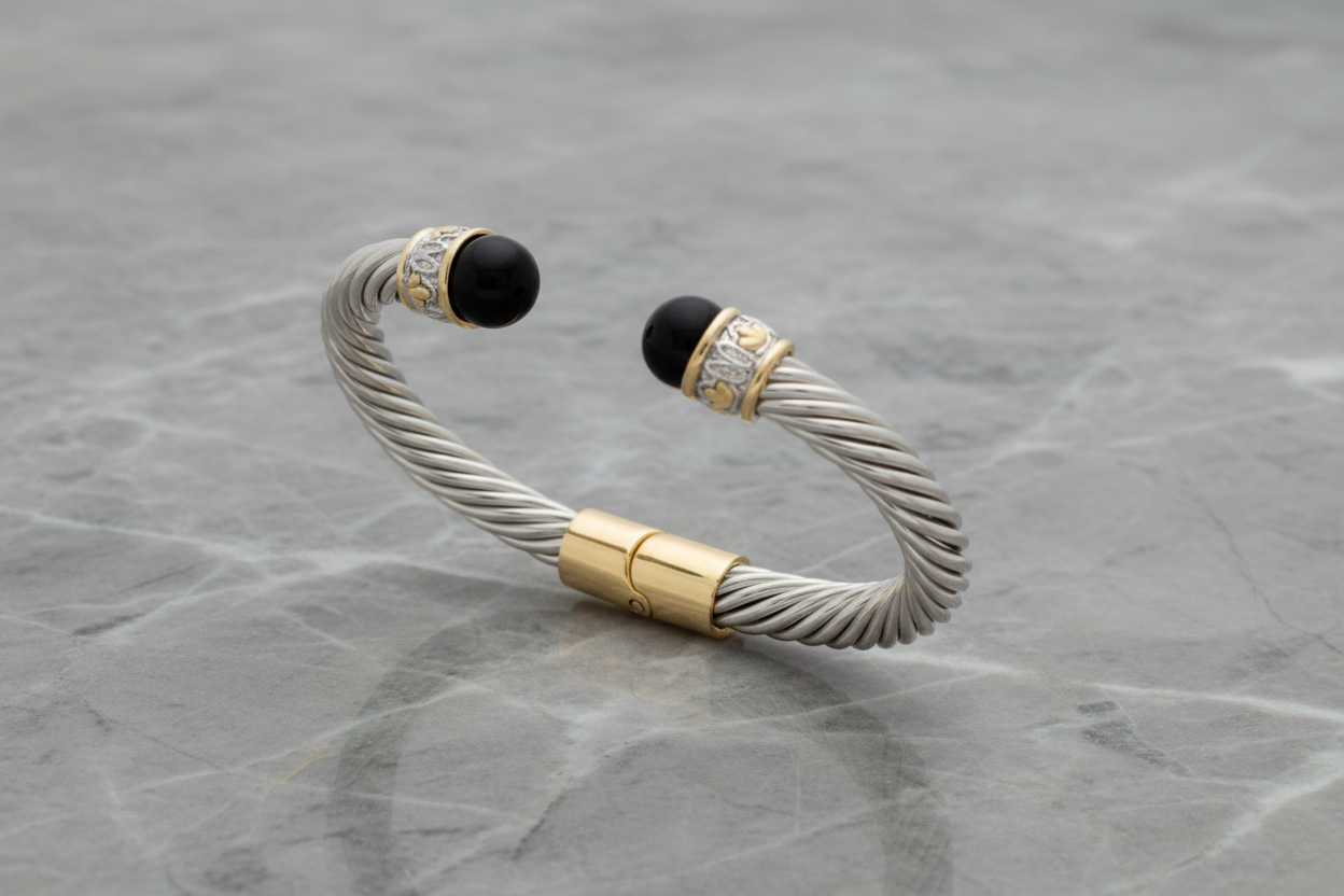 Two Tone Hinged Bracelet w/ Stone Ends