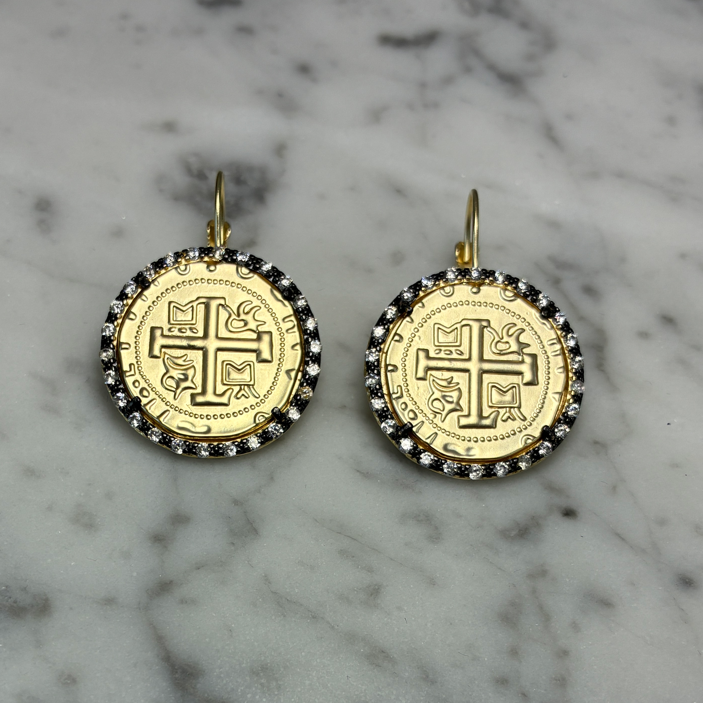 Gold and Hematite Coin Earring w/ Cross