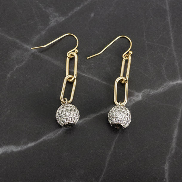 Gold Paper Clip Earring w/ Pave Ball