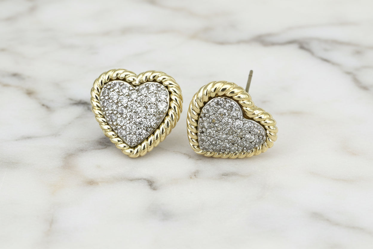 Lorena gold pave heart post earring featuring sparkling pave details on a delicate heart-shaped design.
