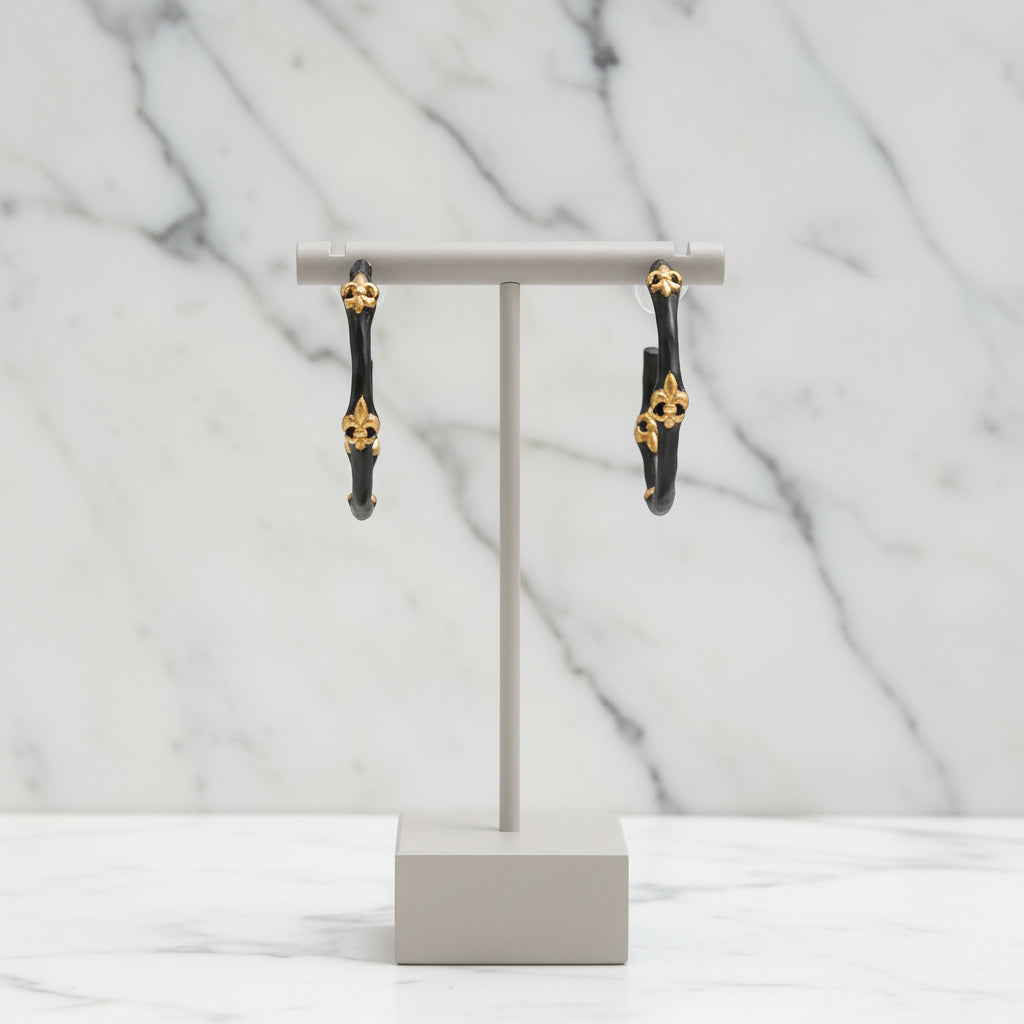 Hematite Hoop Earring w/ Gold Fleur De Lis