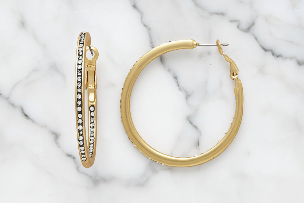 Large Gold Hoop Earrings w/ Hematite CZs