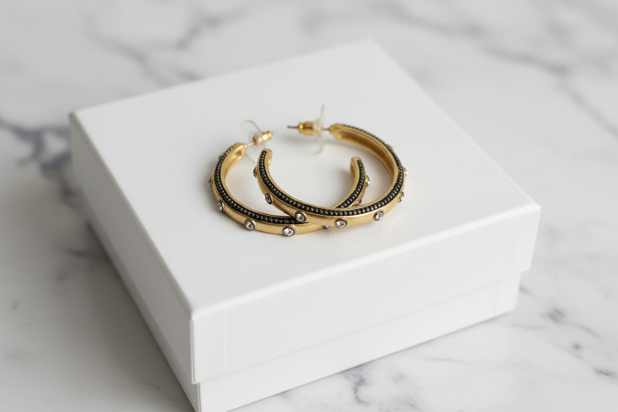 Medium Brushed Gold & Hematite CZ Hoop Earring