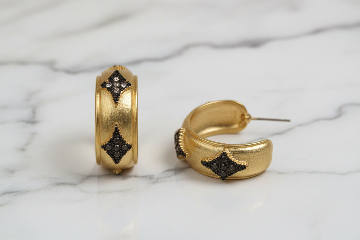 Medium Wide Gold Hoop Earring w/ Hematite Decoration