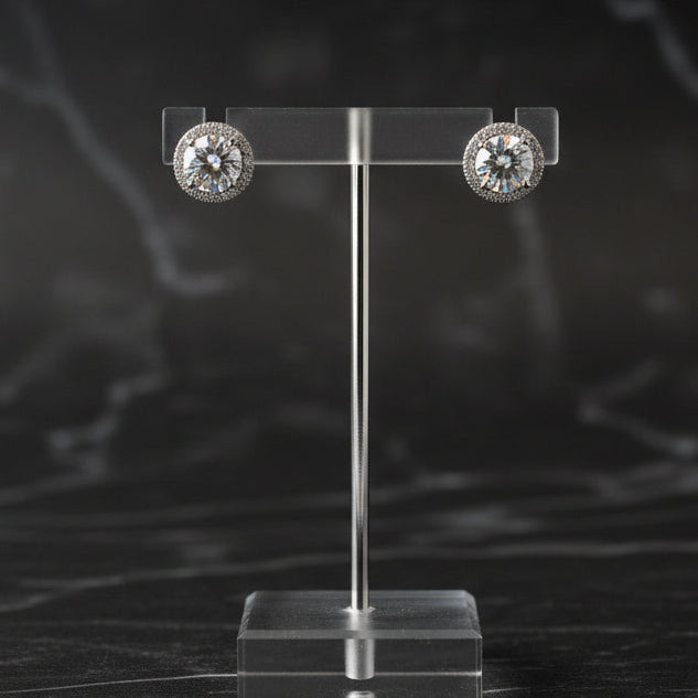 Silver Round CZ & Pave 8mm Earring
