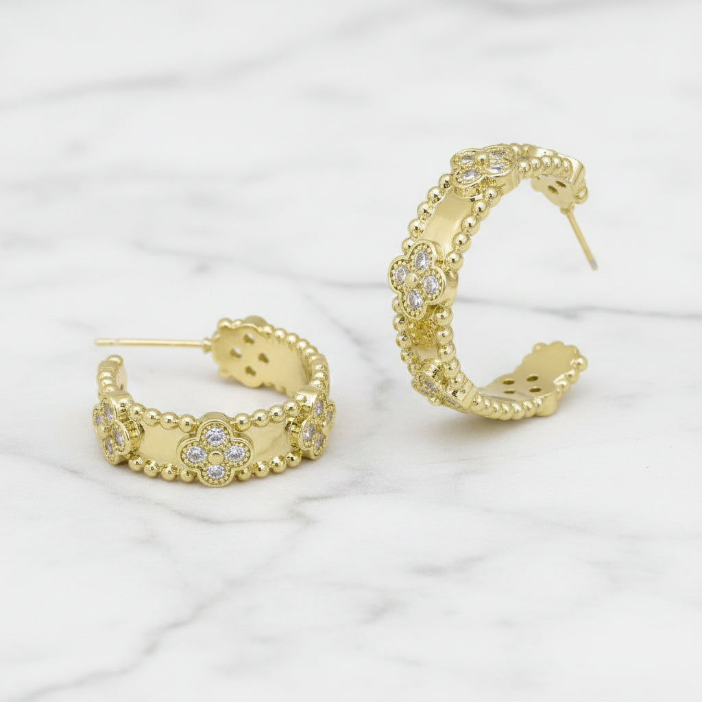 Small Gold Hoop Earring w/ CZ Clovers