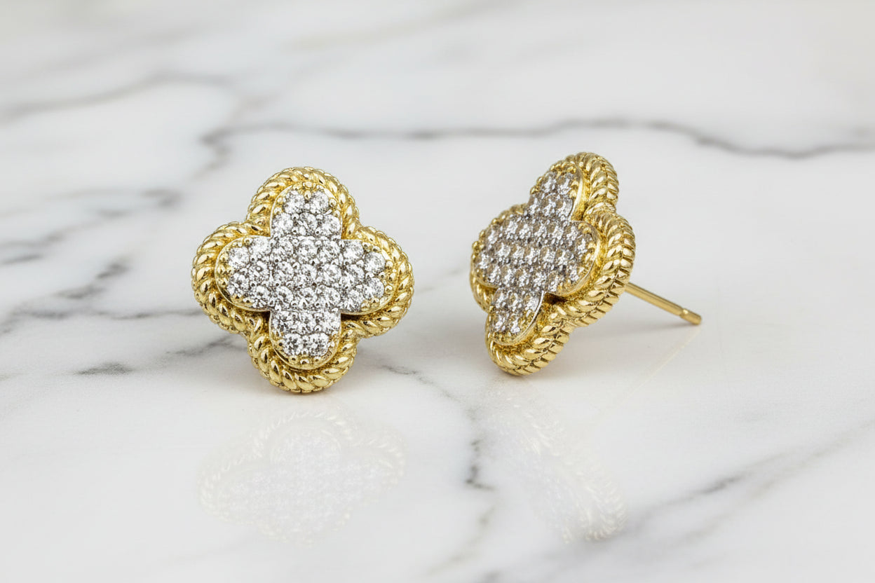 Small Gold Puffy Pave Clover Earring