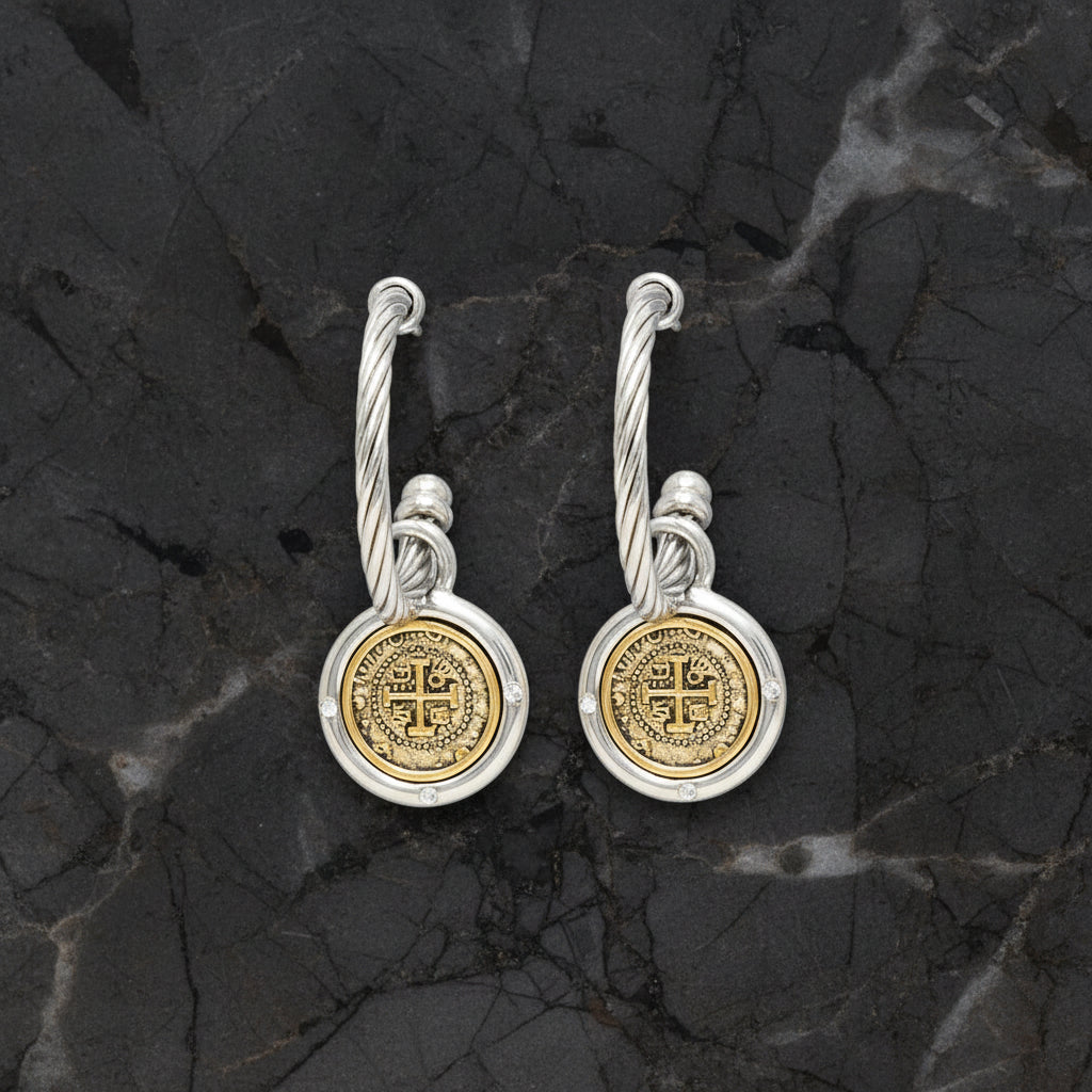 Two Tone Cable Hoop w/ Coin Dangle Earrings