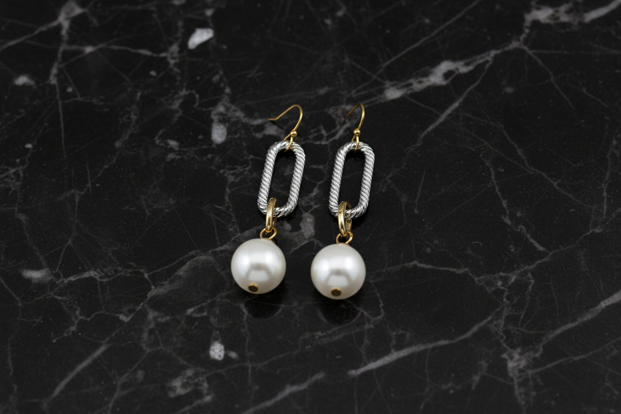 Two Tone Cable Pearl Link Dangle Earring