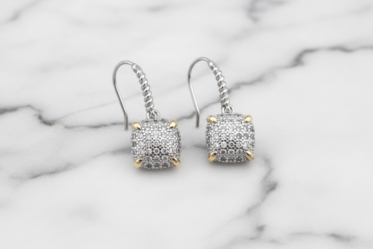 Two Tone Pave Square Dangle Earring