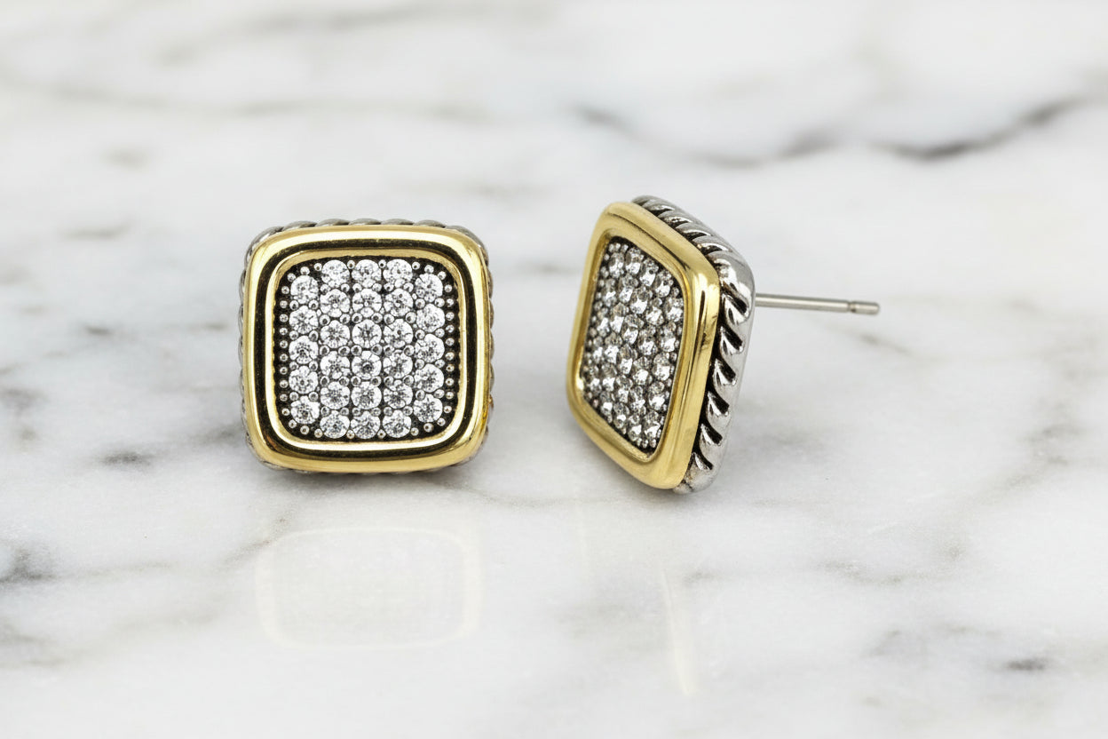 Lorena two-tone square pave post earring with sparkling stones and modern design, perfect for elegant jewelry collection.