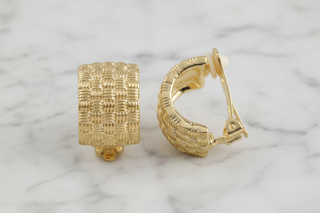 Wide Gold Basket Weave Clip Hoop Earring