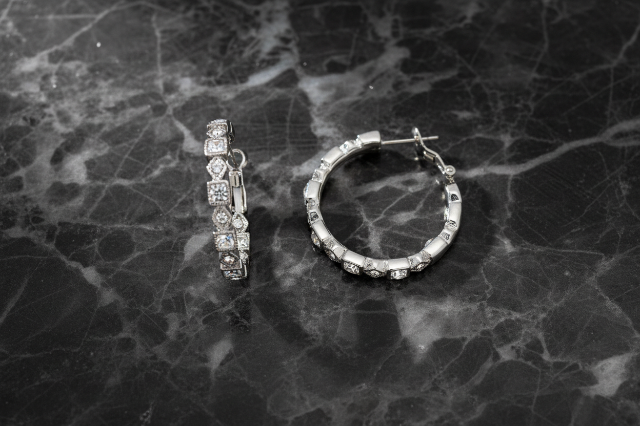 Lorena Cut Stone CZ Hoop Earring featuring a sleek silver hoop with sparkling cubic zirconia stones.