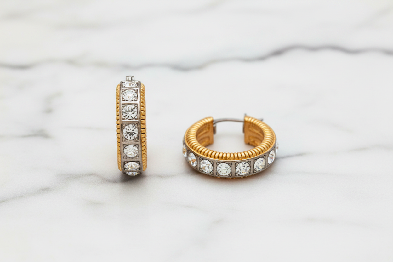 Lorena gold hoop earring with cubic zirconia stones, stylish jewelry accessory featuring a classic hoop design.