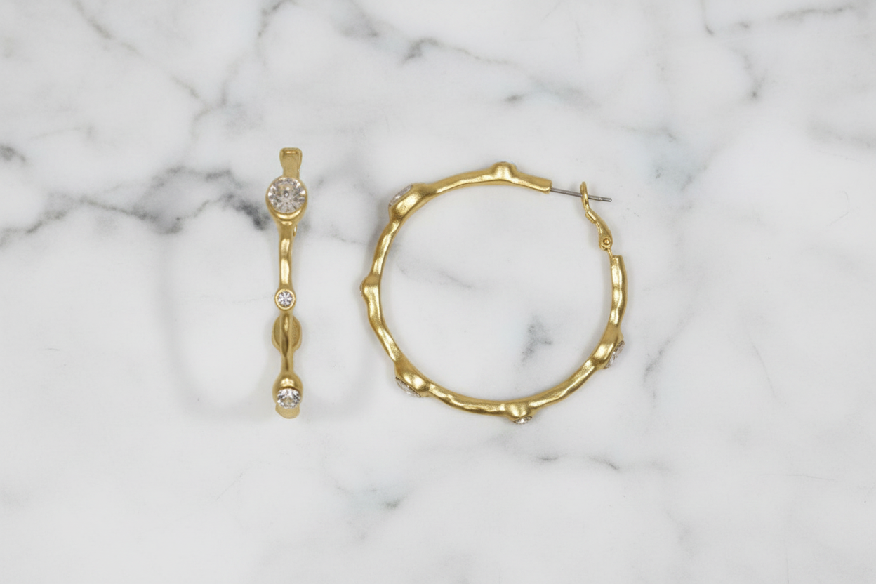 Gold Bamboo CZ Hoop Earring