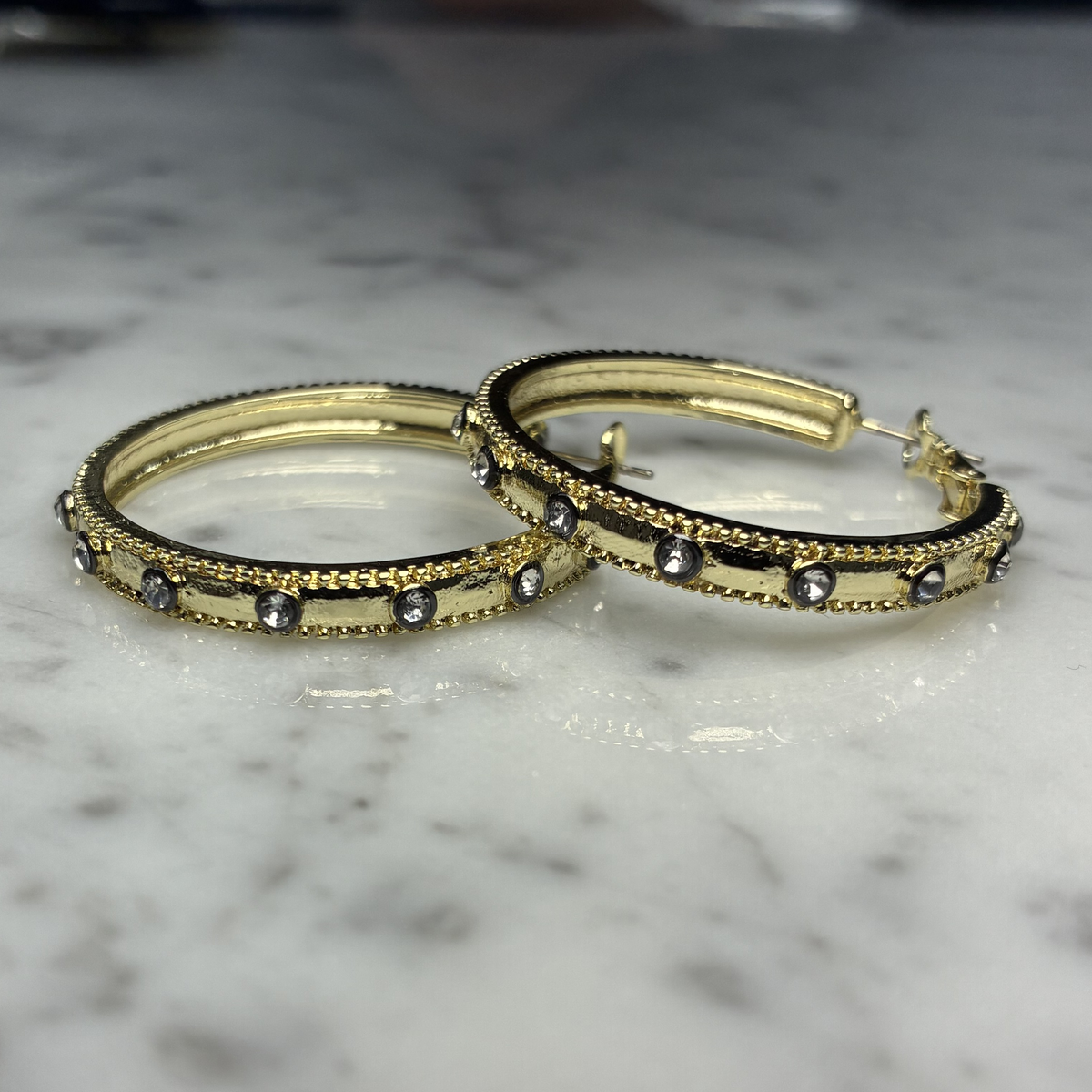 Gold & Hematite Hoop Earring w/ CZs