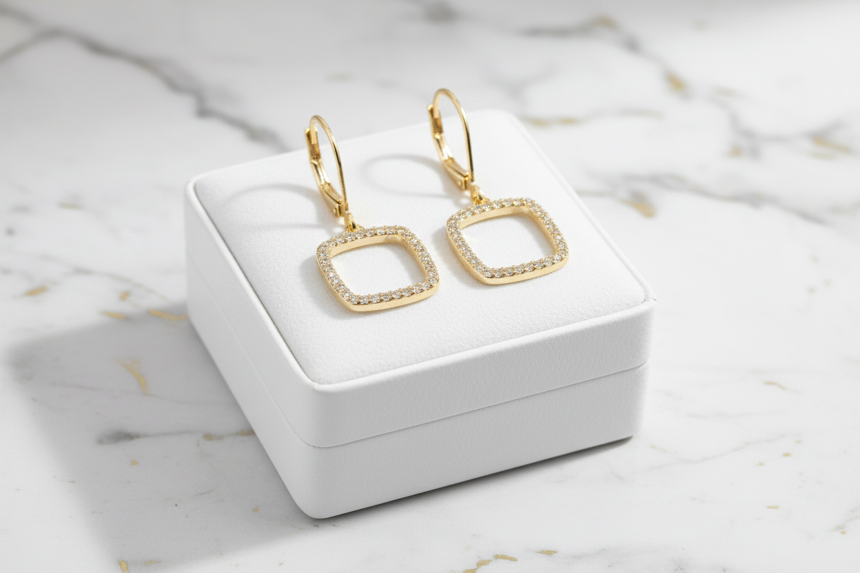 Pave 1/2" Open Square Dangle Earring
