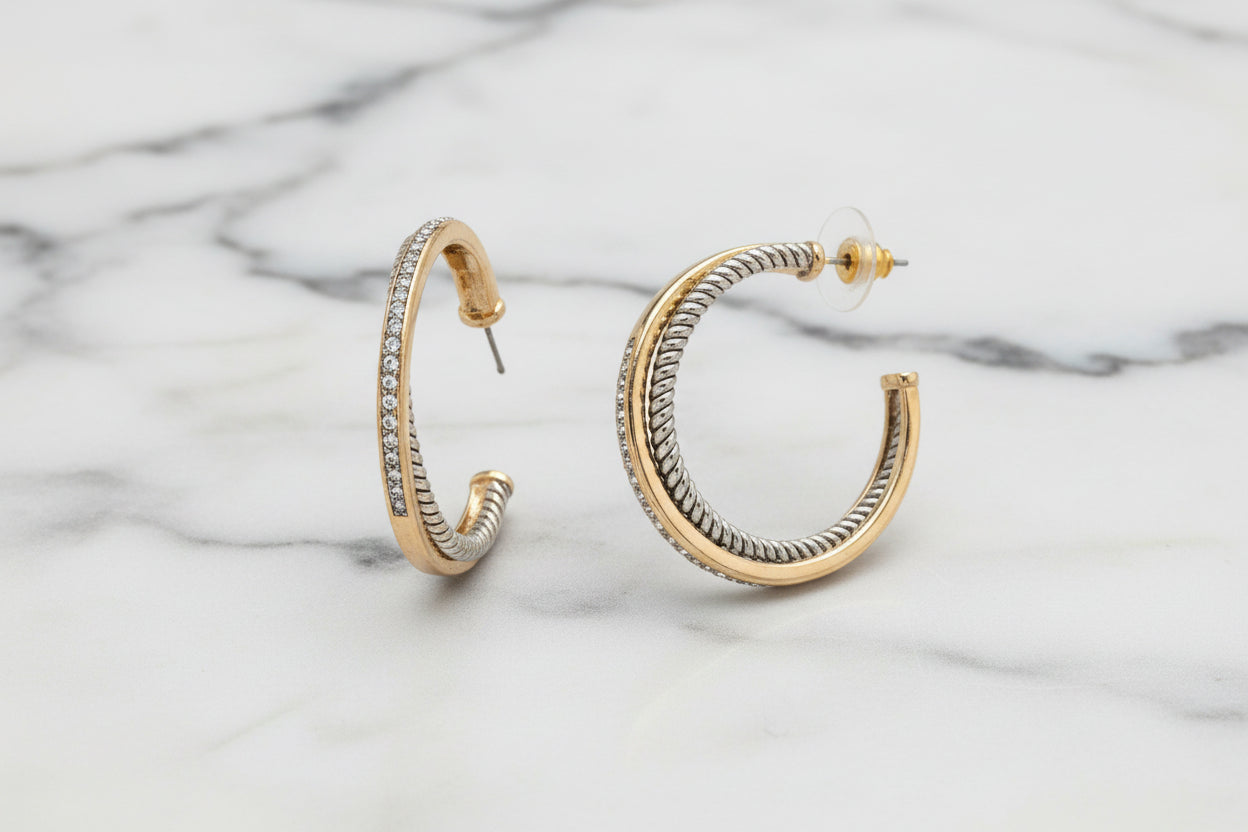 Large 2-Tone Cable Hoop Earrings w/ CZs