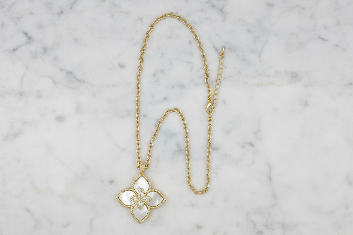 Large Gold MOP Clover Pendant on Chain Necklace