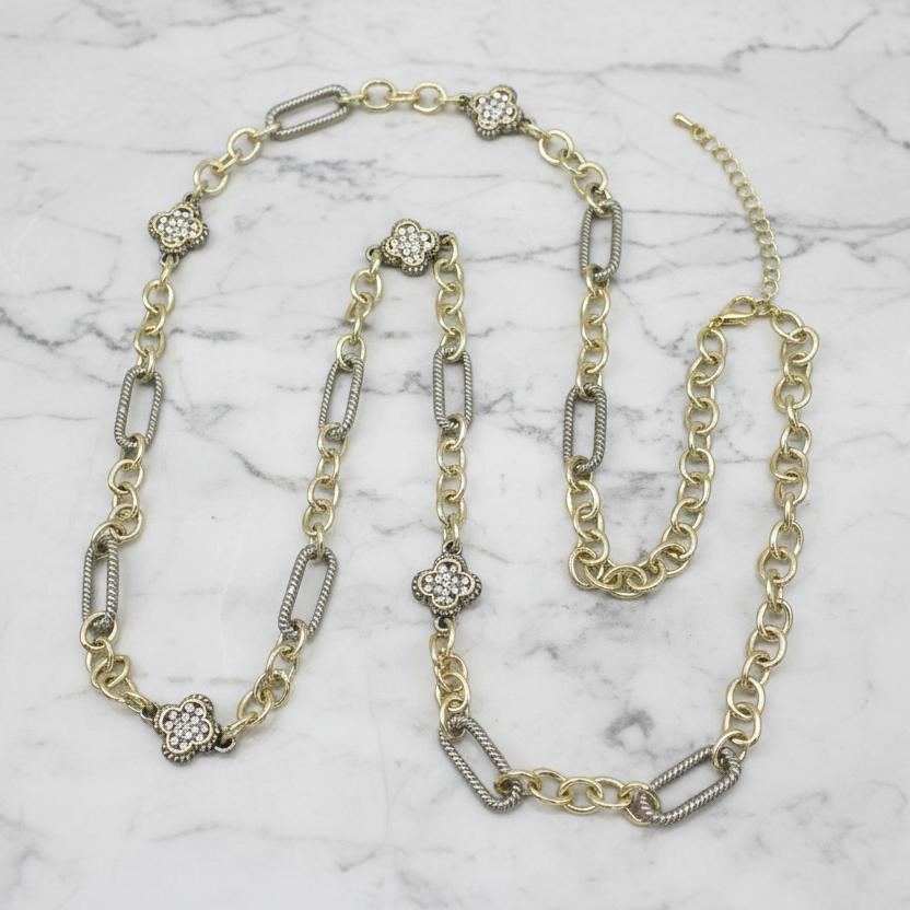 Two Tone Chain Necklace w/ CZ Clovers