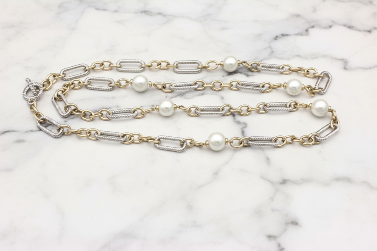 Lorena Two Tone Cable Pearl Link Necklace featuring elegant cable chain and pearl accents, stylish jewelry for women.