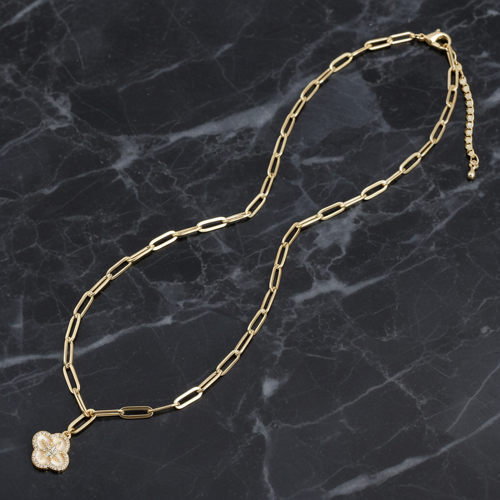 Gold Paper Clip Necklace w/ CZ Clover